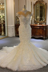 Shiny Crystal High Neck Floral Wedding Dress Sheer Tulle Sleeveless Mermaid Bridal Gowns