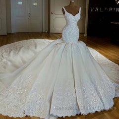 Shiny Mermaid Beading Lace Straps Applique Wedding Dress