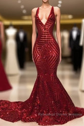 Shiny Mermaid Long V Neck Red Sequins Semi Formal Prom Dresses