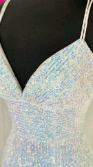 Shiny Mermaid Sequins Long White Semi Formal Prom Dresses V Neck Sleeveless Formal Dresses