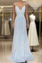 Shiny Mermaid Sequins Long White Semi Formal Prom Dresses V Neck Sleeveless Formal Dresses