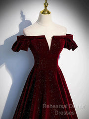 Shiny Off The Shoulder Burgundy Long Semi Formal Prom Dresses