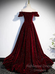 Shiny Off The Shoulder Burgundy Long Semi Formal Prom Dresses