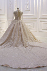 Shiny Sequined Long Sleevess Pleats Champange Wedding Dresses