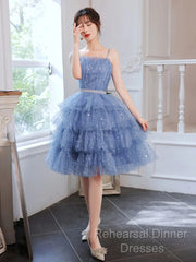 Shiny Short Puffy Blue Semi Formal Prom Dress A-Line Puffy Homecoming Dress