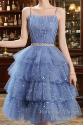 Shiny Short Puffy Blue Semi Formal Prom Dress A-Line Puffy Homecoming Dress