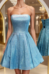 Shiny Strapless Blue Short Semi Formal Prom Dresses, Open Back Blue Homecoming Dresses, Blue Formal Evening Dresses