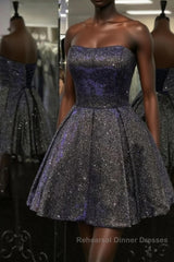 Shiny Strapless Open Back Short Black Semi Formal Prom Dresses, Open Back Black Homecoming Dresses, Black Formal Evening Dresses