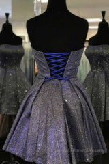 Shiny Strapless Open Back Short Black Semi Formal Prom Dresses, Open Back Black Homecoming Dresses, Black Formal Evening Dresses