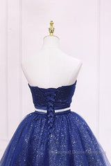 Shiny Strapless Sweetheart Neck Blue Short Semi Formal Prom Dresses Homecoming Dresses with Belt, Sparkly Blue Formal Evening Dresses
