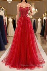 Shiny Sweetheart Neck Red Tulle Beaded Long Semi Formal Prom Dresses, Open Back Red Tulle Formal Graduation Evening Dresses