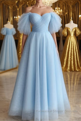 Shiny Tulle Off the Shoulder Tea Length Semi Formal Prom Dresses, Homecoming Dresses, Off Shoulder Formal Graduation Evening Dresses