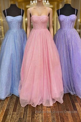 Shiny Tulle Open Back Long Semi Formal Prom Dresses, Long Tulle Formal Graduation Evening Dresses