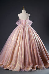 Shiny Tulle Sequins Long Semi Formal Prom Dress, Beautiful Pink Formal Dress Sweet 16 Dress