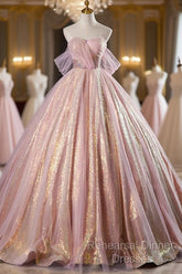 Shiny Tulle Sequins Long Semi Formal Prom Dress, Beautiful Pink Formal Dress Sweet 16 Dress