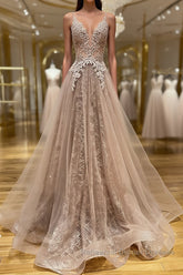 Shiny V Neck Champagne Lace Semi Formal Prom Dresses, Champagne V Neck Lace Formal Graduation Evening Dresses