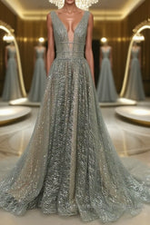 Shiny V Neck Open Back Champagne Long Semi Formal Prom Dresses, Champagne Formal Graduation Evening Dresses