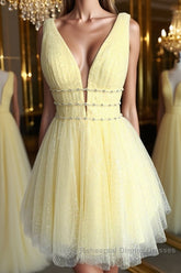 Shiny V Neck Open Back Yellow Tulle Short Semi Formal Prom Dresses, V Neck Yellow Formal Graduation Homecoming Dresses