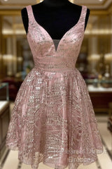 Shiny V Neck Short Champagne Semi Formal Prom Dresses, Short V Neck Champagne Graduation Formal Dresses