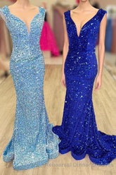 Blue Sequin V-Neck Lace-Up Mermaid Long Semi Formal Prom Dress