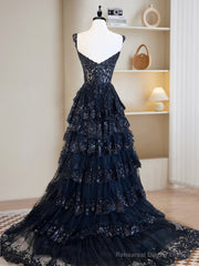 A-Line Tulle Sequin Black Long Prom Dress, Black Sequin Long Formal Dress