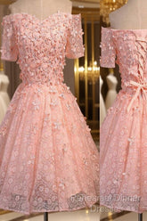Short A-Line Junior Cute Off Shoulder Full Lace Appliques Beads Sweetheart Lace Up Back Homecoming Dress