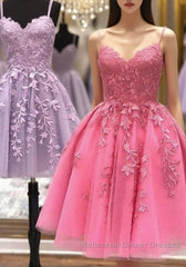 Short A Line Thin Straps Lace Semi Formal Prom Dresses, Lace Homecoming Dresses, Short Formal Evening Dresses