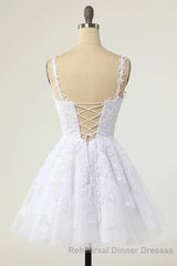Short A-line V-neck Tulle Lace Backless Semi Formal Prom Dress white Homecoming Dresses