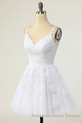 Short A-line V-neck Tulle Lace Backless Semi Formal Prom Dress white Homecoming Dresses