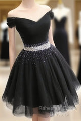 Short Black Tulle Off The Shoulder Dress Beaded Sashes