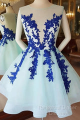 Short Blue Lace Tulle Semi Formal Prom Dresses, Short Blue Lace Homecoming Graduation Dresses