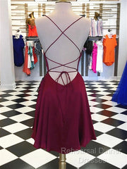 Short Burgundy Backless Semi Formal Prom Dresses, Short Burgundy Backless Formal Graduation Homecoming Dresses