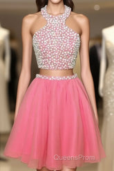 Short Candy Pink Homecoming Dress Pearl Beaded Halter