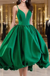 Short Green V Neck Satin Semi Formal Prom Dresses, Short Green V Neck Satin Formal Homecoming Dresses