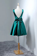 Short Hunter Green Satin Semi Formal Prom Dress With Bow