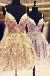 Short Lace Homecoming Dresses V Neck Spaghetti Straps