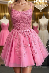 Short Pink Backless Lace Semi Formal Prom Dresses, Short Pink Open Back Formal Homecoming Dresses