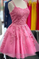 Short Pink Backless Lace Semi Formal Prom Dresses, Short Pink Open Back Formal Homecoming Dresses