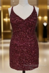 Short Plus Size Burgundy Sequin Dress