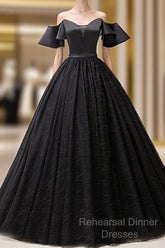 Short Sleeves Black Tulle Lace Sweetheart Long Semi Formal Prom Dress