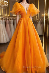 Short Sleeves Orange Long Semi Formal Prom Dresses, Orange Long Formal Evening Dresses