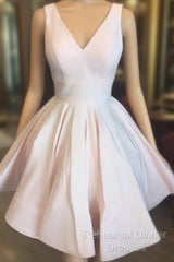 Short V Neck Light Pink Satin Semi Formal Prom Dresses, Short V Neck Pink Formal Graduation Dresses