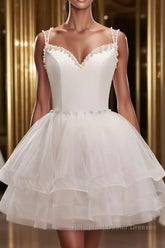 Short V Neck White Semi Formal Prom Dresses, Short V Neck White Formal Homecoming Dresses
