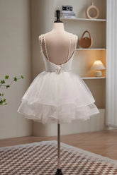 Short V Neck White Semi Formal Prom Dresses, Short V Neck White Formal Homecoming Dresses