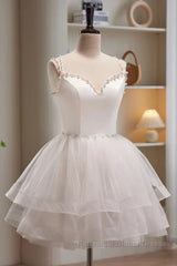 Short V Neck White Semi Formal Prom Dresses, Short V Neck White Formal Homecoming Dresses