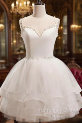 Short White Tulle Semi Formal Prom Dresses, Short White Tulle Homecoming Graduation Dresses