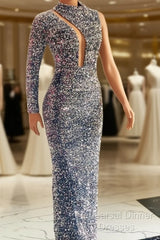 Silver Mermaid Sequin Semi Formal Prom Dresses One Shoulder