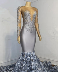 Silver Rosette Long Sleeve Mermaid Semi Formal Prom Dresses