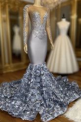 Silver Rosette Long Sleeve Mermaid Semi Formal Prom Dresses