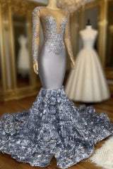 Silver Rosette Long Sleeve Mermaid Semi Formal Prom Dresses